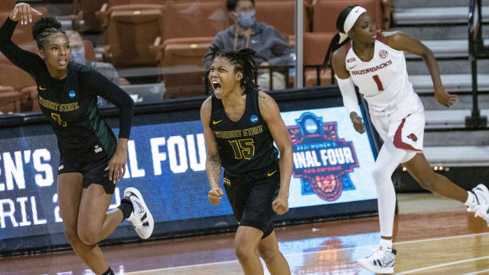 Wright State's Angel Baker celebrates during an upset of Arkansas